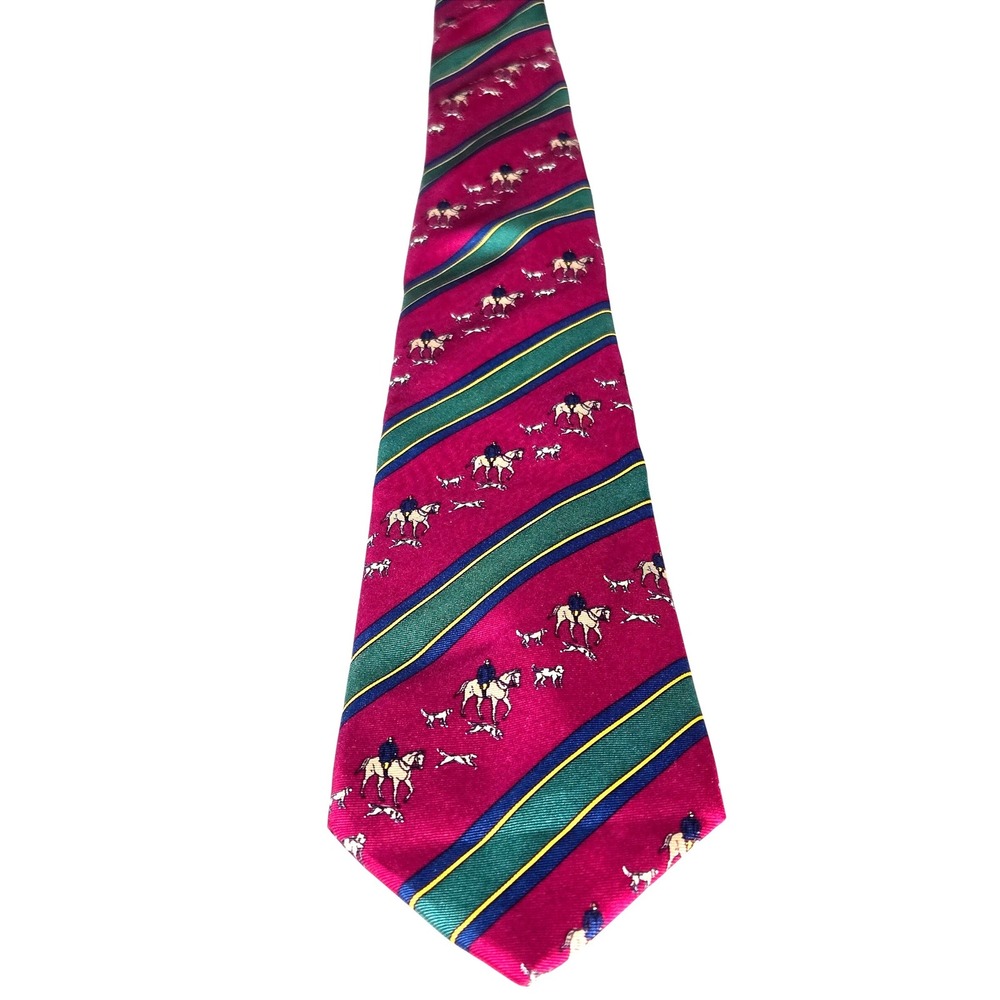 Men's Chaps Ralph Lauren Silk Tie Equestrian Fox Hunt Striped Magenta Heritage